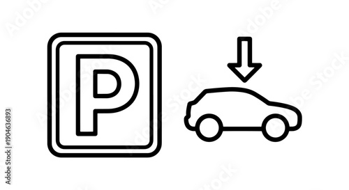 Parking sign icon with car and downward arrow symbol