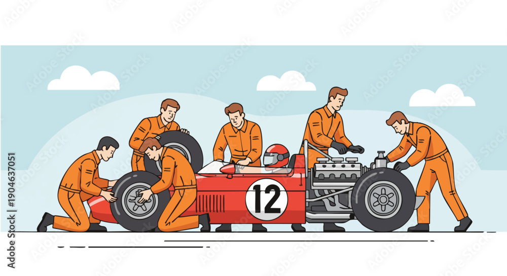 Fototapeta premium Race Car Pit Crew Working Together to Service a Formula 1 Car, Depicting Teamwork and Efficiency.