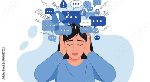 Overwhelmed woman with many notifications and messages causing stress and anxiety, digital overload concept.