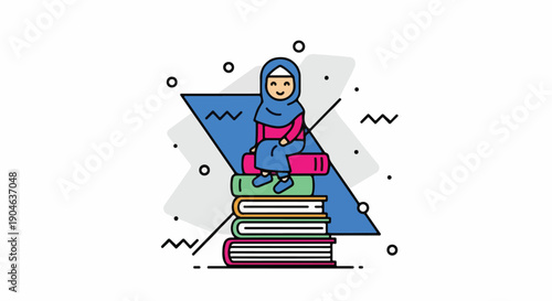Young Muslim girl wearing hijab sitting on a stack of books, representing education and knowledge