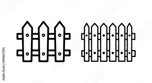 Simple Black and White Icons of Wooden Picket Fences on a White Background