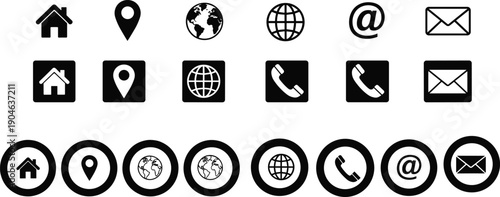 Contact and navigation icon set in black and white line art featuring house, location pin, globe, phone, email, and envelope symbols in multiple styles