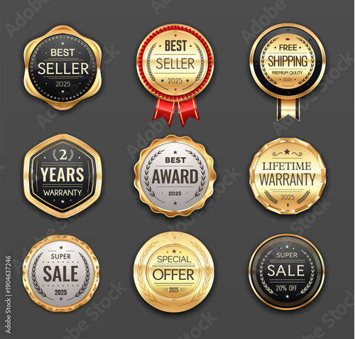 Golden award seals, best seller badges and labels, special offer medal and super sale marks with laurel wreaths or ribbons. Premium vector badges for highlighting best sellers and luxury products