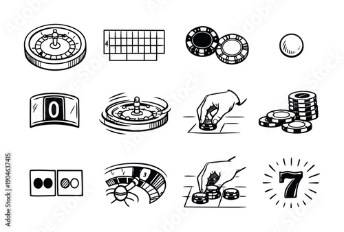 Black and white casino gambling icons set featuring roulette wheels, poker chips, betting hand gestures, dice, cards, and slot jackpot symbols