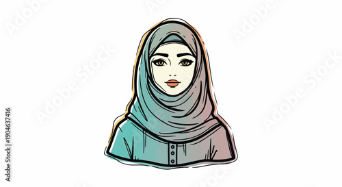 Beautiful young Muslim woman wearing a traditional hijab, a modest head covering, depicted in a modern vector illustration with soft colors.