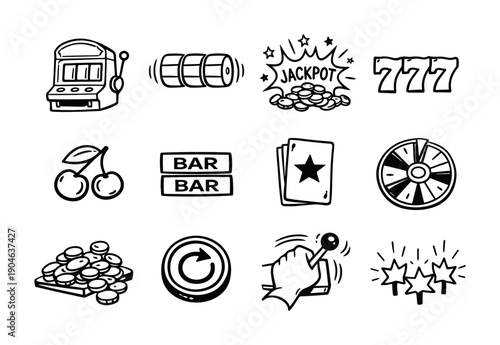 Hand-drawn casino gambling icon set featuring slot machine, jackpot, lucky sevens, cherries, bar symbols, coins, roulette wheel, cards, spins