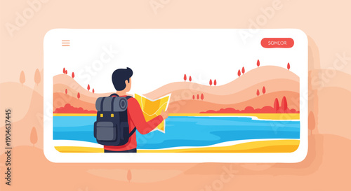 Traveler with Backpack Studying Map on a Scenic Journey, Exploring Nature and Outdoors.