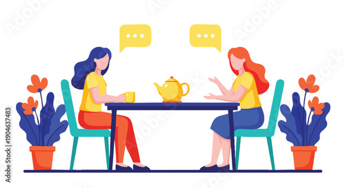 Two friends having a conversation over tea at a table, illustration for lifestyle and social connection themes.