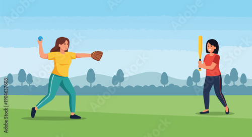 Two young women playing baseball in a park, one pitching and the other batting, representing outdoor sports and recreation activities.