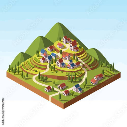Isometric illustration of a rural village surrounded by mountains and farmland.