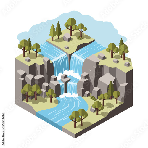 Isometric illustration of a waterfall landscape with river and trees.