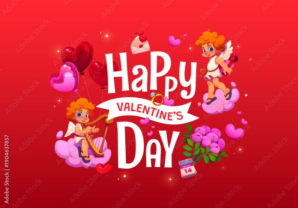 Fototapeta premium Happy Valentine Day greeting card featuring cupids on pink clouds, love symbols, and decorations on a red background, evoking feelings of romance, celebration, and affection for the romantic holiday