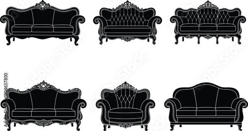 Elegant vintage sofa silhouettes with ornate carvings and tufted upholstery, classic furniture design illustration showcasing luxurious seating styles for interior decor and antique inspiration