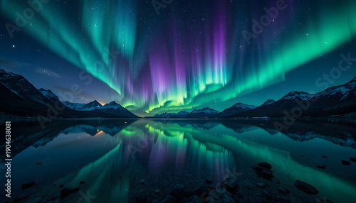 Green And Violet Aurora Borealis Over Mountain Lake Reflection