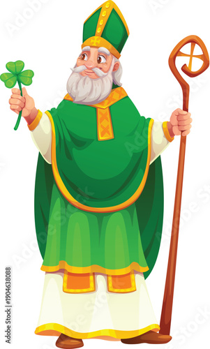 Cartoon Saint Patrick Character. Vector patron Saint of Ireland, dressed in traditional green and gold robes, holding a bishops staff and trefoil shamrock leaf. Legendary Irish Christianity personage