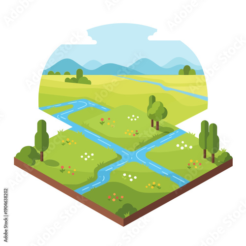 Illustration of a green landscape with a river and trees.