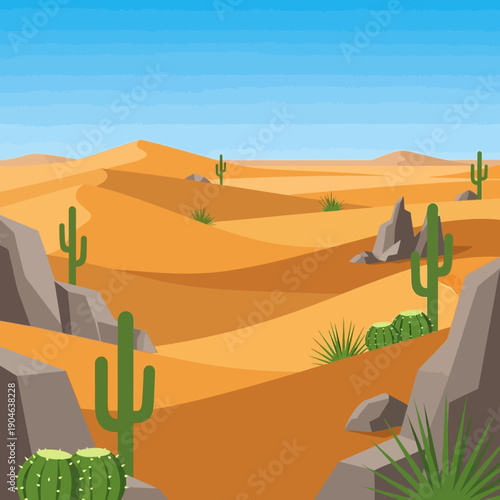 Desert Landscape with Cacti and Sand Dunes.