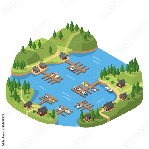 Serene Lake Scene with Docks and Cottages Surrounded by Lush Greenery.