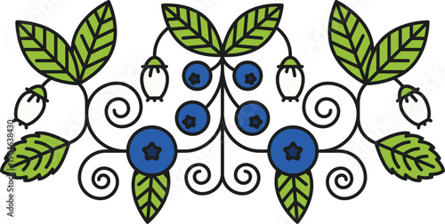 Ornate blueberry divider and border decoration. Cartoon forest berry fruit with leaves and flowers. Summer farm decor for sweet pie package, fresh blueberry and huckleberry juice. Vector divide decor