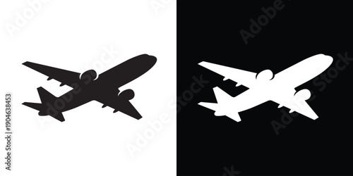 Airplane vector icon isolated on black and white background. Minimalist aircraft symbol for travel, flight, aviation, tourism, and transportation design.