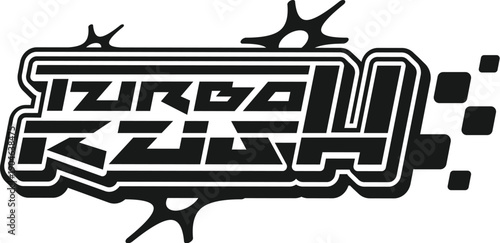 Car race turbo rush vintage Y2K icon or sign. Auto speed racing vintage vector symbol, car drive competition 60s Y2K sign. Race grand prix icon with futuristic abstract typography text and stars