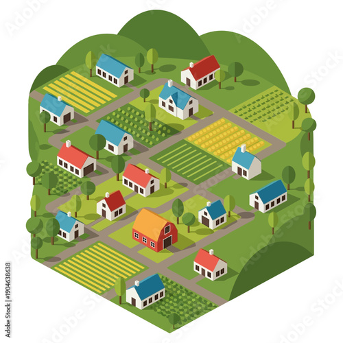 Isometric village with houses and farmland in a rural landscape.