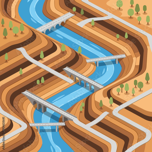 Canal with Locks and Bridges in a Landscape.