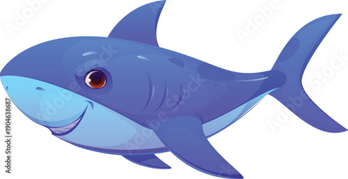 Cartoon shark character with friendly smile and big eye swimming on white background. Vector cute marine animal icon, playful ocean creature for pirate sea adventure and aquatic wildlife game asset