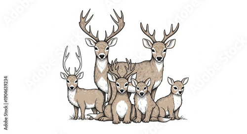 Group of Deer Family Portrait Illustration.
