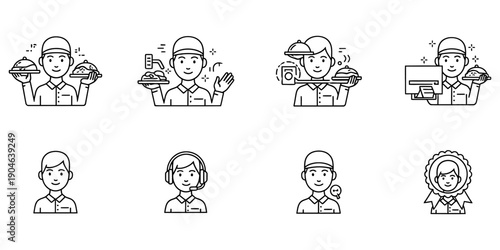 Diverse Professionals with Tools and Headsets in Simple Line Art Style