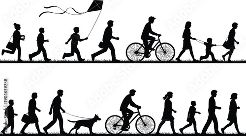 Silhouettes of people walking running cycling and flying kite outdoors