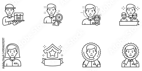 Diverse People Icons Set for Business and Family Use in Simple Line Art Style