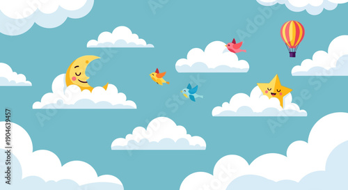 Cartoon Clouds with Moon and Stars.