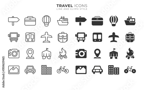 A collection of travel related icons on a white background