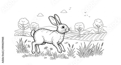 Hare Running Through Field Illustration.
