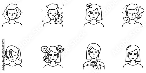 Diverse User Avatars Set: Male and Female Icons with Symbols of Emotions, Ideas, and Hobbies