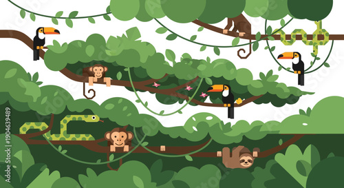 Cartoon Monkeys Playing in Jungle Trees.
