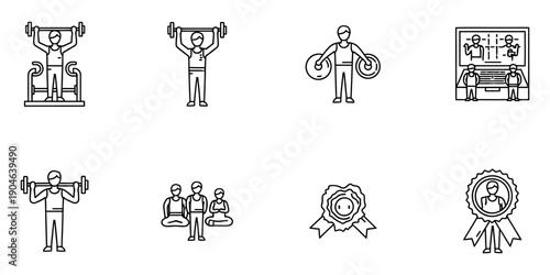 Fitness Icons Set: Weightlifting, Training, Medals, and Group Activities Line Art Illustrations
