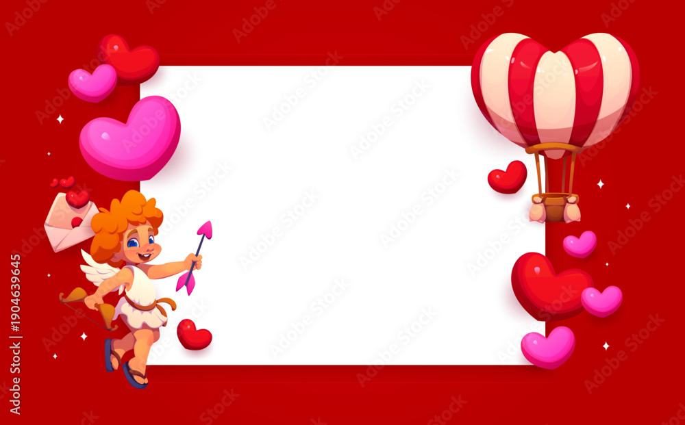 Fototapeta premium Valentine Day banner with cute cartoon cupid holding arrow and bow, flying hearts, love letter and heart shaped hot air balloon on red background. Vector romantic holiday border frame with blank space