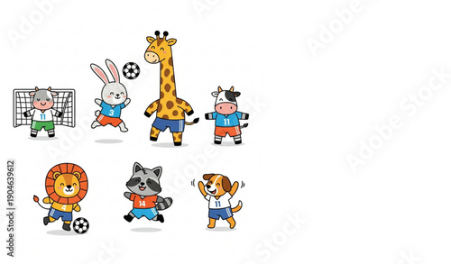 Cute Cartoon Animal Soccer Match Vector with Playful Sports Characters on White Background