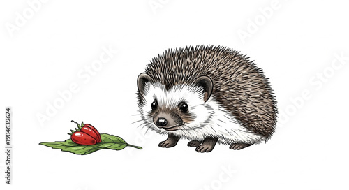 Hedgehog and Red Berry on Leaf.