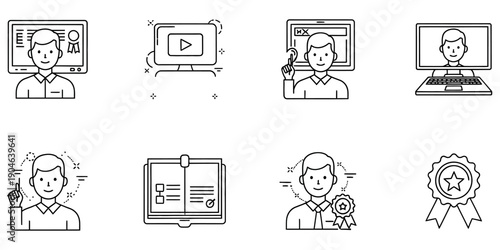 Black and white online presentation icons set with man and technology elements