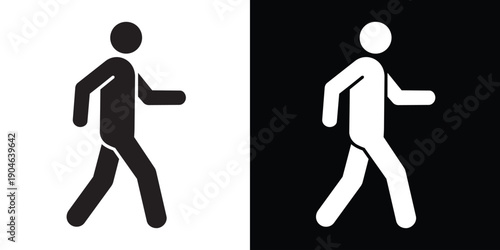Walking man vector icon. Pedestrian symbol for street signs, fitness tracking, motion, and human activity. Minimalist black and white person silhouette.