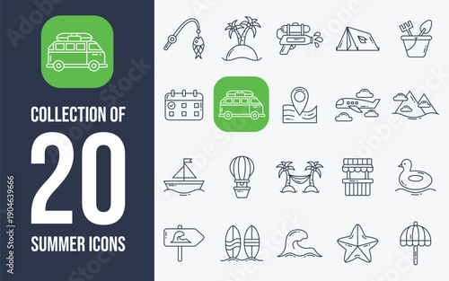 A collection of 20 summer icons in black and white