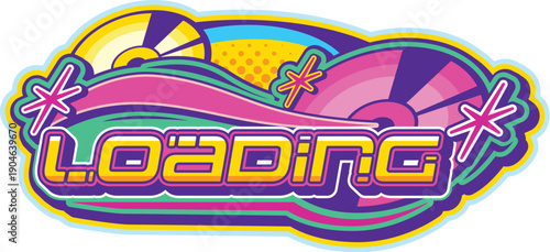 Computer loading retro Y2K icon or emblem. Retro computer Y2K vector symbol, 2000s digital technology funky emblem. 1990s software icon with CD compact disk and retro futuristic typography