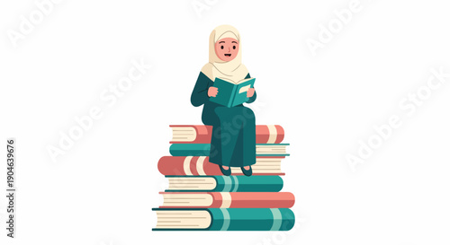 Young Muslim girl in hijab sitting on stack of books, reading with joy and curiosity, illustration, education, knowledge, learning
