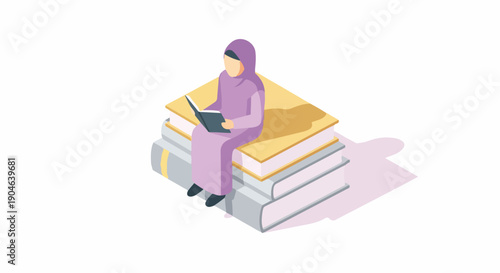 Muslim woman in hijab reading a book while sitting on a stack of books, education and knowledge concept