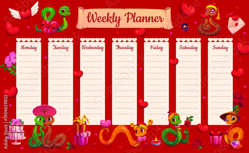 Weekly planner schedule with valentines snakes and hearts. Vector educational timetable, romantic school lesson organizer template with cute funny reptile characters and gifts. Kid time table frame