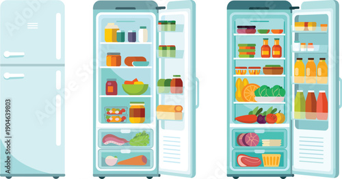 Colorful flat vector illustration of three refrigerators, open and stocked with fresh produce, meats, jars, bottles, dairy, beverages, and kitchen grocery organization