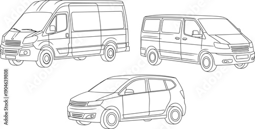 Commercial delivery vans and minivan blueprint line vector set, multiple vehicle perspectives for logistics, transport service, automotive design and technical illustration